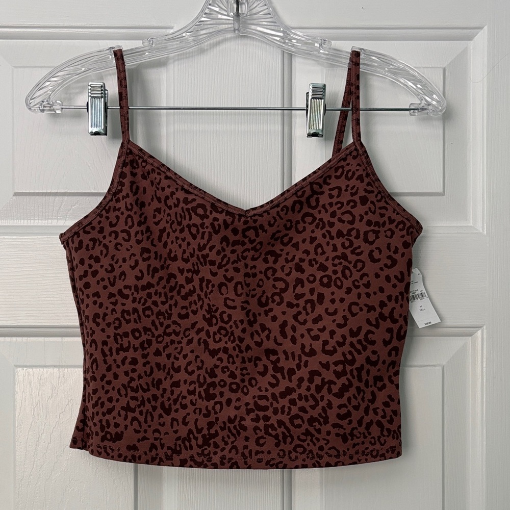 GAP M Tall Brown Leopard Print Cropped Tank with Built In Bra